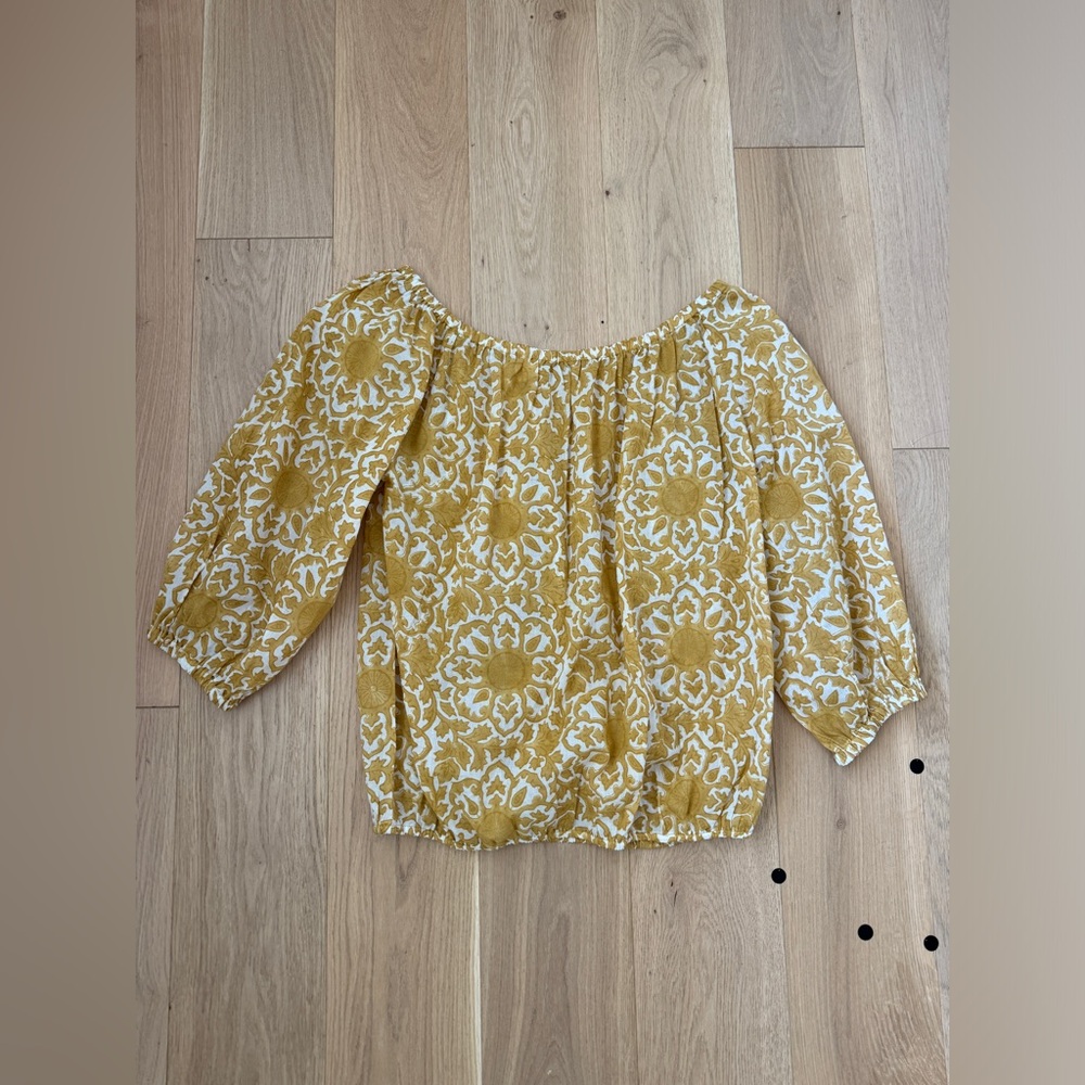 Kerry Cassill Mustard Floral Blockprint Boho Off Shoulder Cotton Blouse M/L